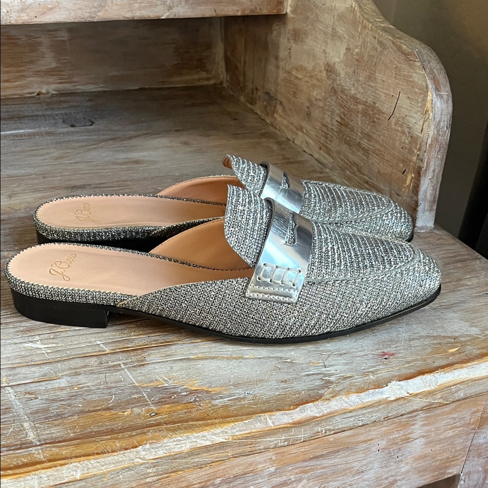 🩶 J. Crew Academy Penny Loafer Mules Size 7.5 Silver Shimmer Lurex Sparkly